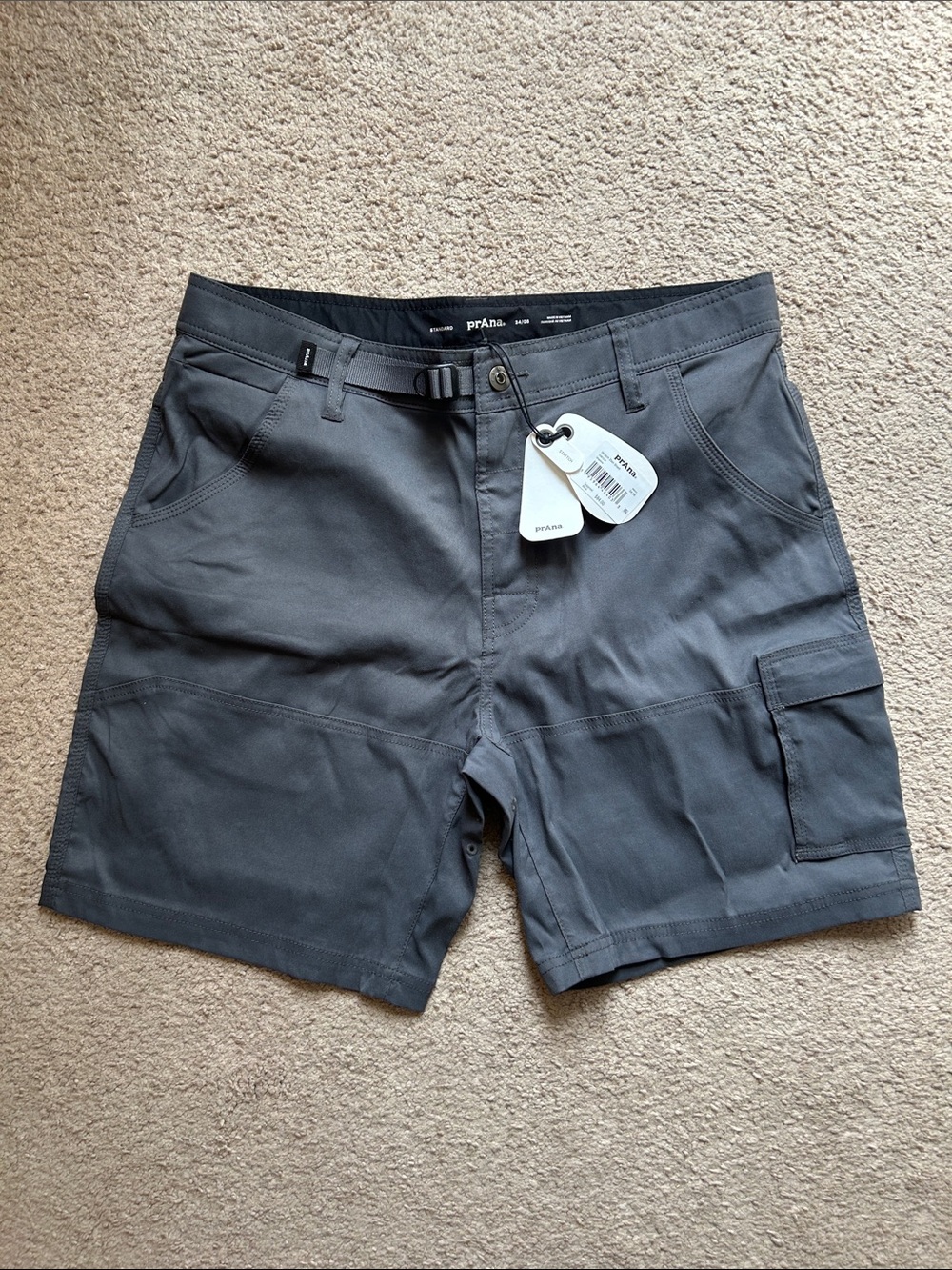 Prana Men's Charcoal Cargo Shorts with Integrated Webbing Belt